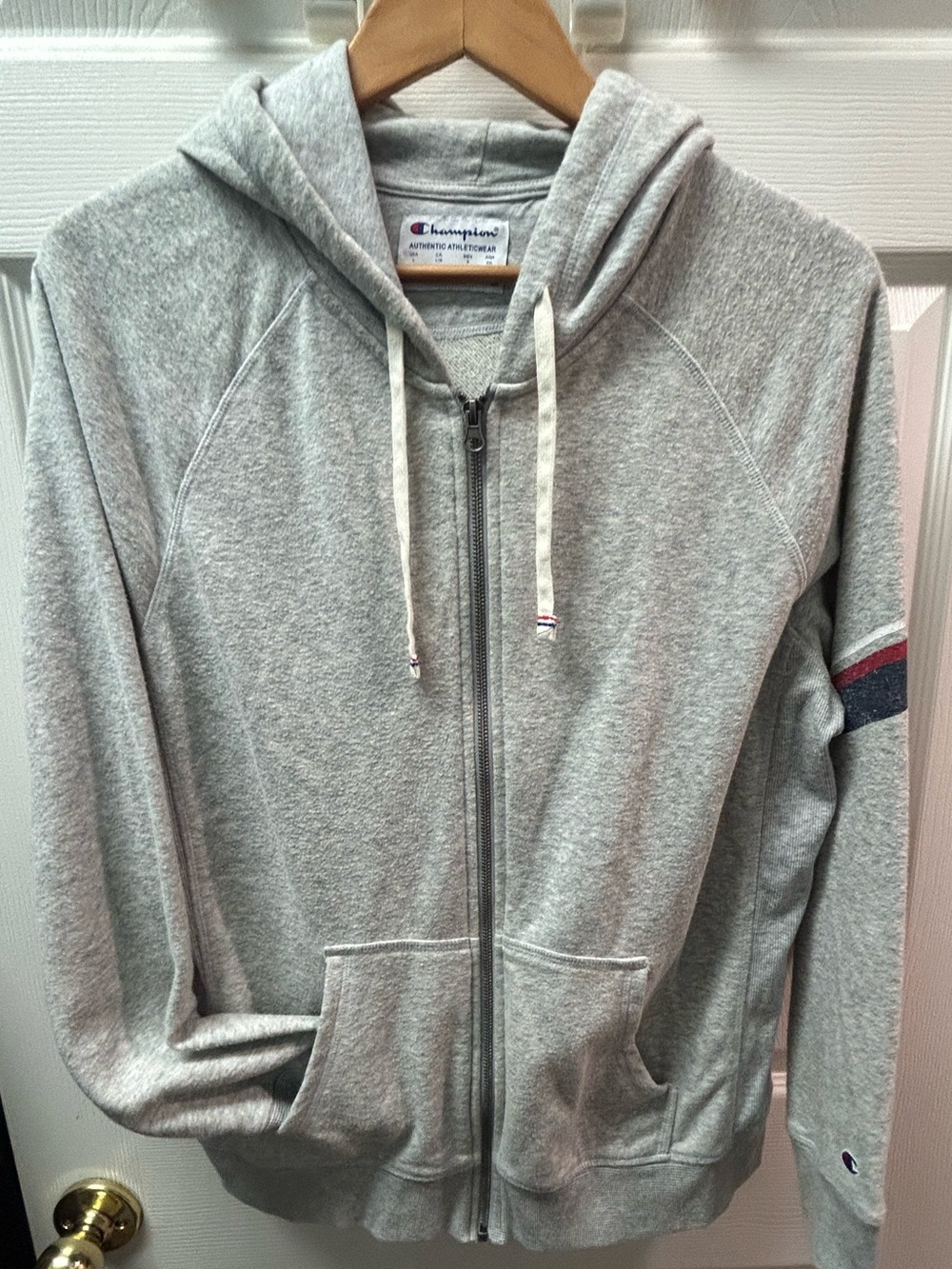 Women’s Champion Light Gray Zip-Up Hoodie with Sleeve Stripe. Large